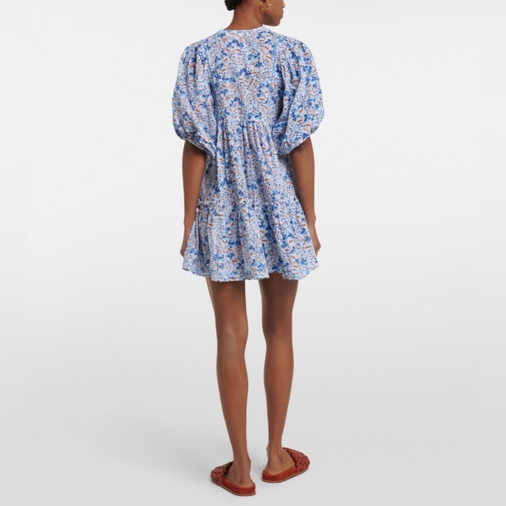 Poupette St Barth Aria Floral Tiered Puff Sleeve Dress in Blue and White Size XS - Picture 7 of 9